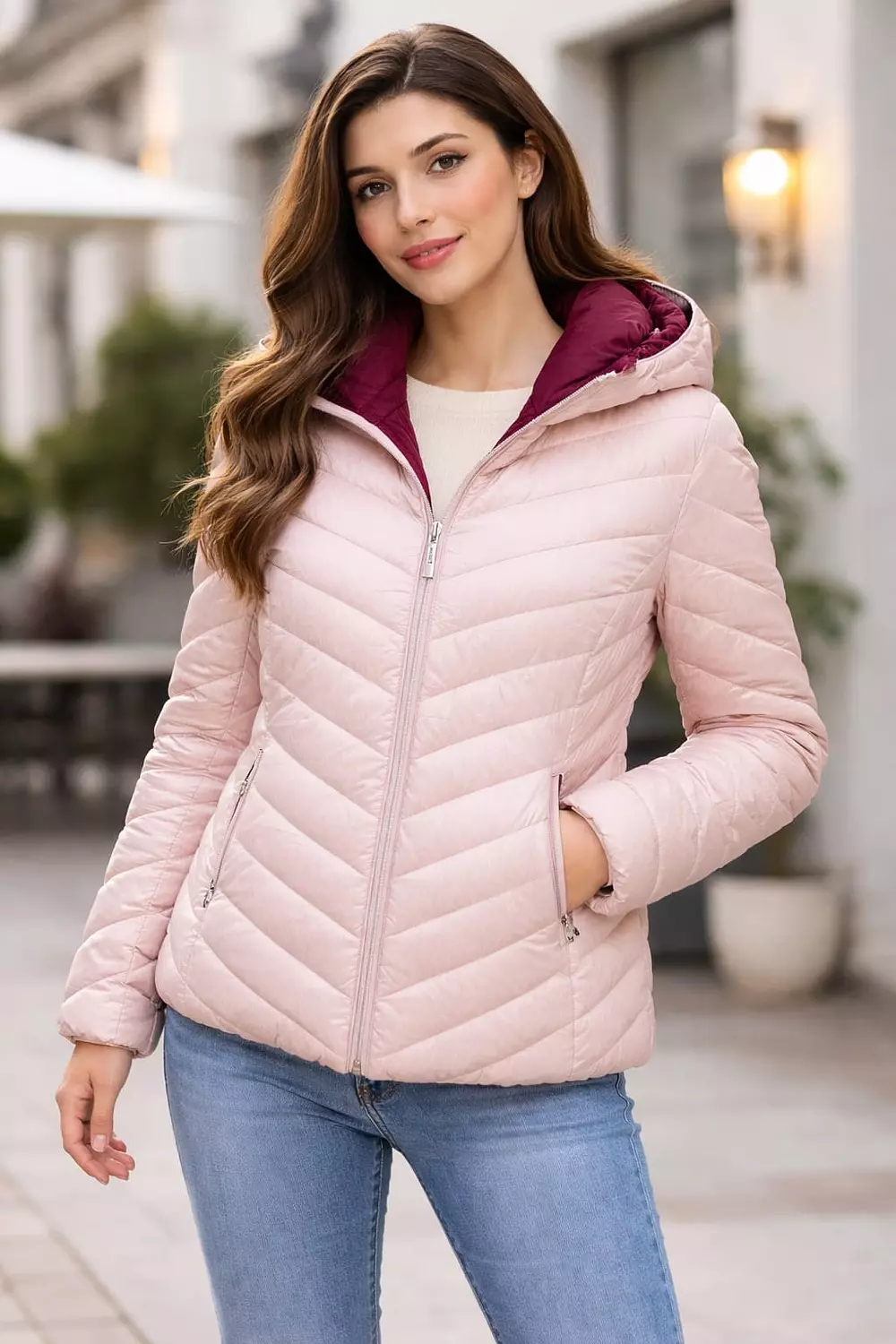 This is a red women's padded jacket Michael Kors