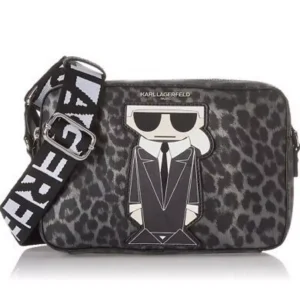 arl Lagerfeld Crossbody Bag – Leopard Print with Iconic Cartoon Graphic
