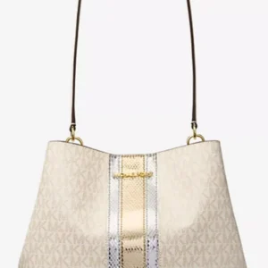 Michael Kors Pratt Medium Signature Logo and Metallic Shoulder Bag