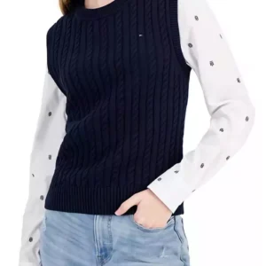 Navy Cable-Knit Vest & Monogram Print Shirt Set.