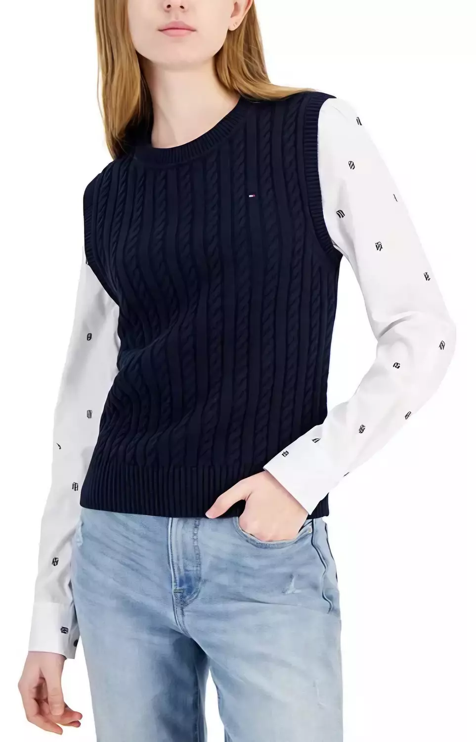 Navy Cable-Knit Vest & Monogram Print Shirt Set.