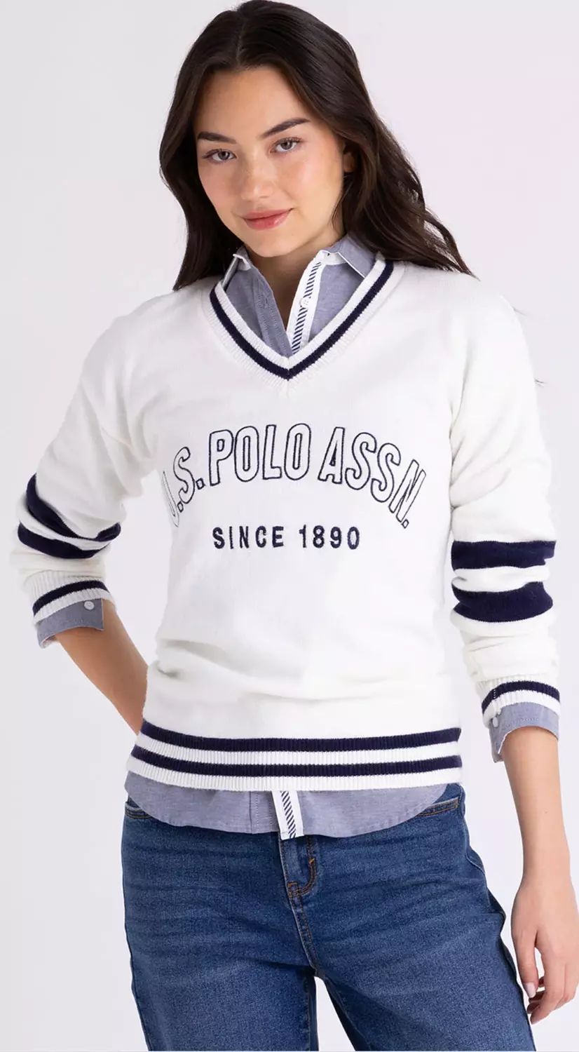 V Neck Sweater A white knit sweater by U.S. polo Assn
