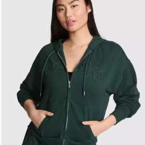 full-zip hoodie with an oversized fit and a subtle, tonal embossed logo on the chest.