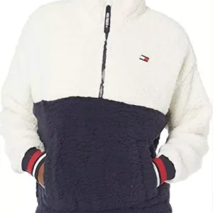 A Tommy Hilfiger Sherpa/Fleece Pullover Jacket featuring a color-block design: