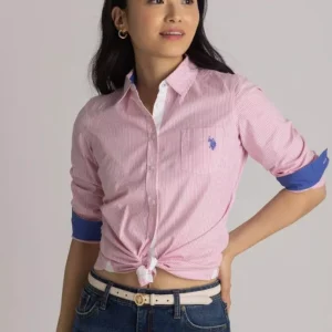 U.S. Polo Assn. Women’s Striped Button-Down Shirt – Pink/Blue Accent