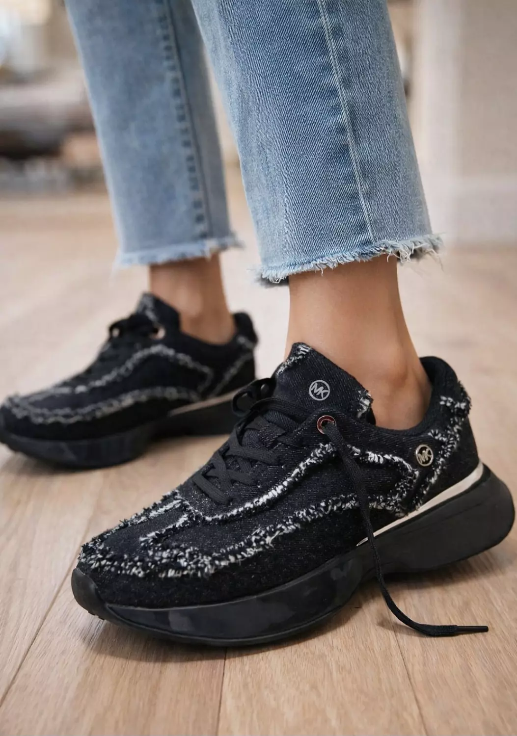 Michael Kors (MK) Frayed Denim Platform Sneakers.