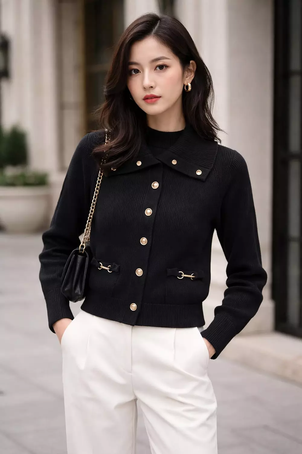 black cardigan is a stylish and comfortable piece featuring gold buttons and hardware