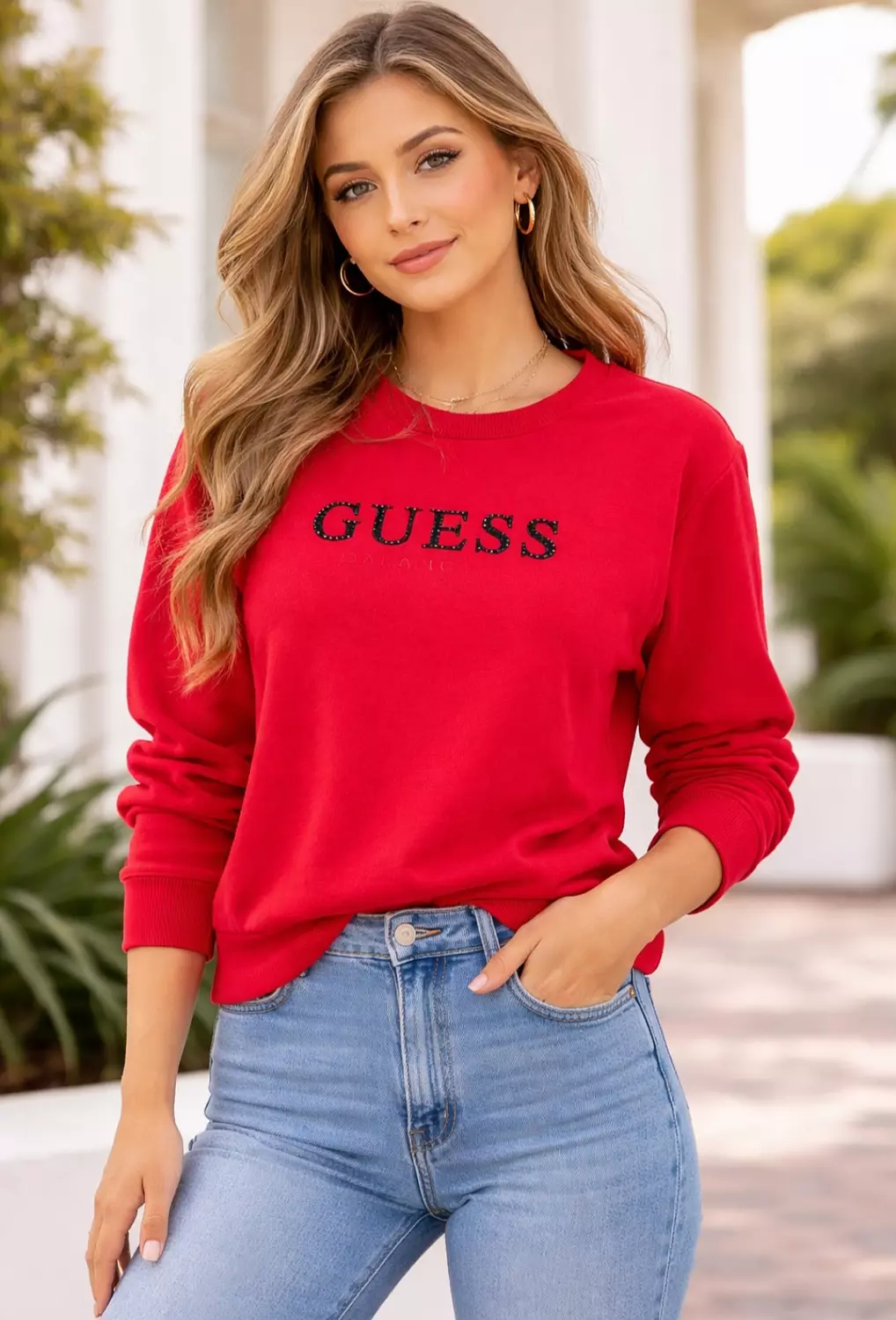 GUESS WOMEN’S Sequin Logo Sweatshirt _Red