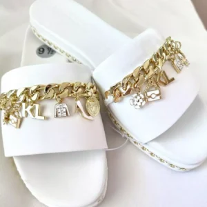 Karl Lagerfeld White Slide Sandals with Gold Charms