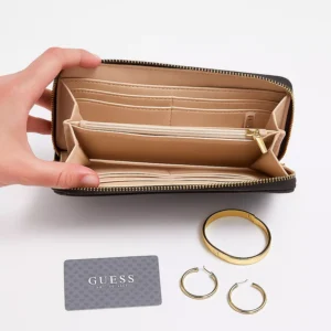 GUESS Monogram Zip-Around Wallet – Brown & Beige