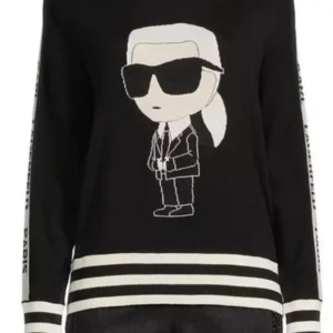 KARL Lagerfeld Paris  knit sweater that features a bold mix of iconic branding and graphic art