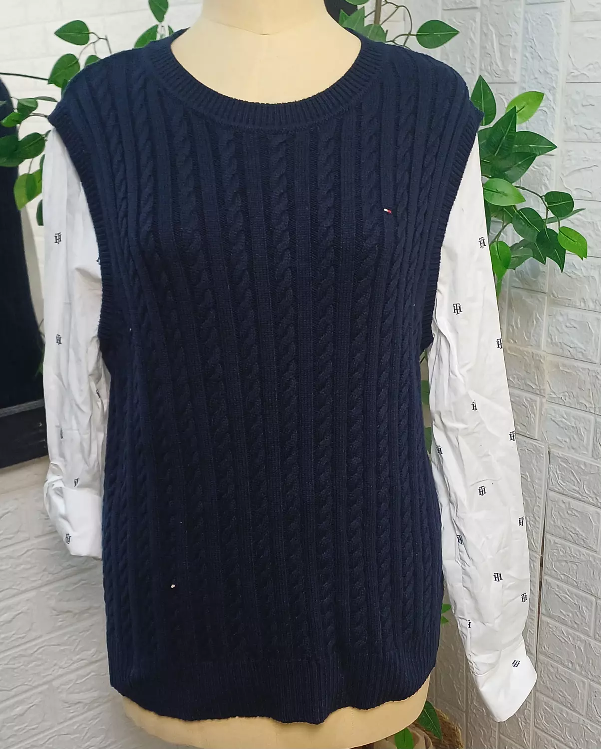 Navy Cable-Knit Vest & Monogram Print Shirt Set. - Image 2