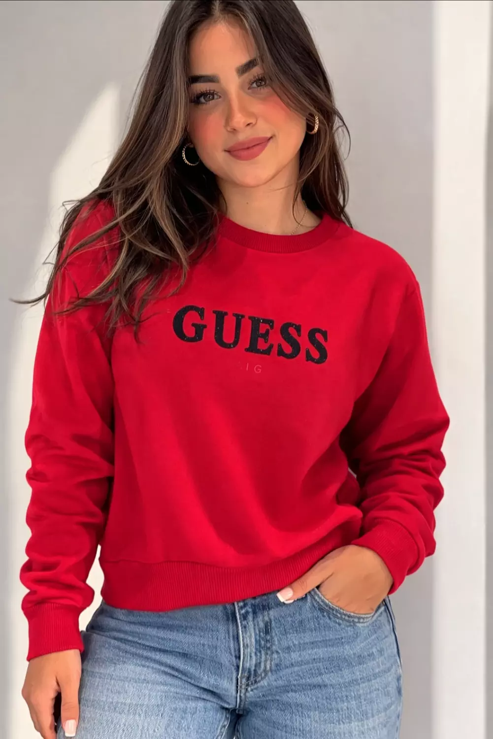 GUESS WOMEN’S Sequin Logo Sweatshirt _Red - Image 2