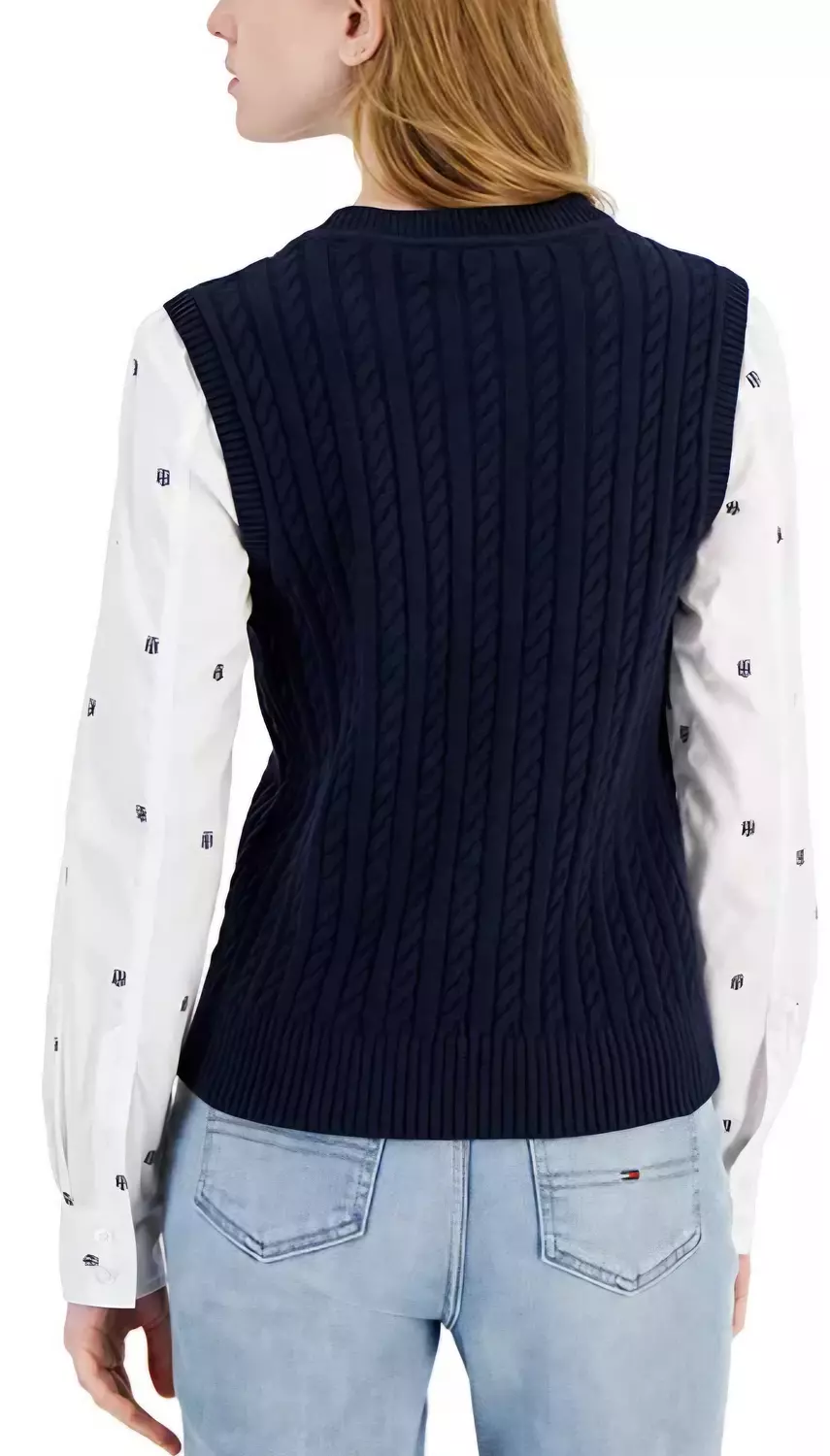 Navy Cable-Knit Vest & Monogram Print Shirt Set. - Image 3