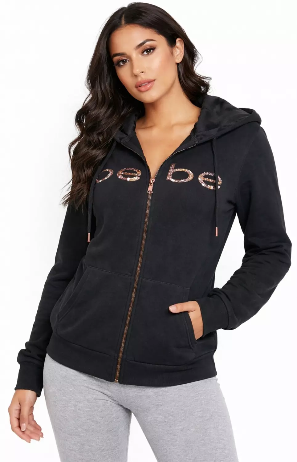 Bebe zip-up hoodie featuring a rose gold glitter logo for a stylish athletic look." - Image 3